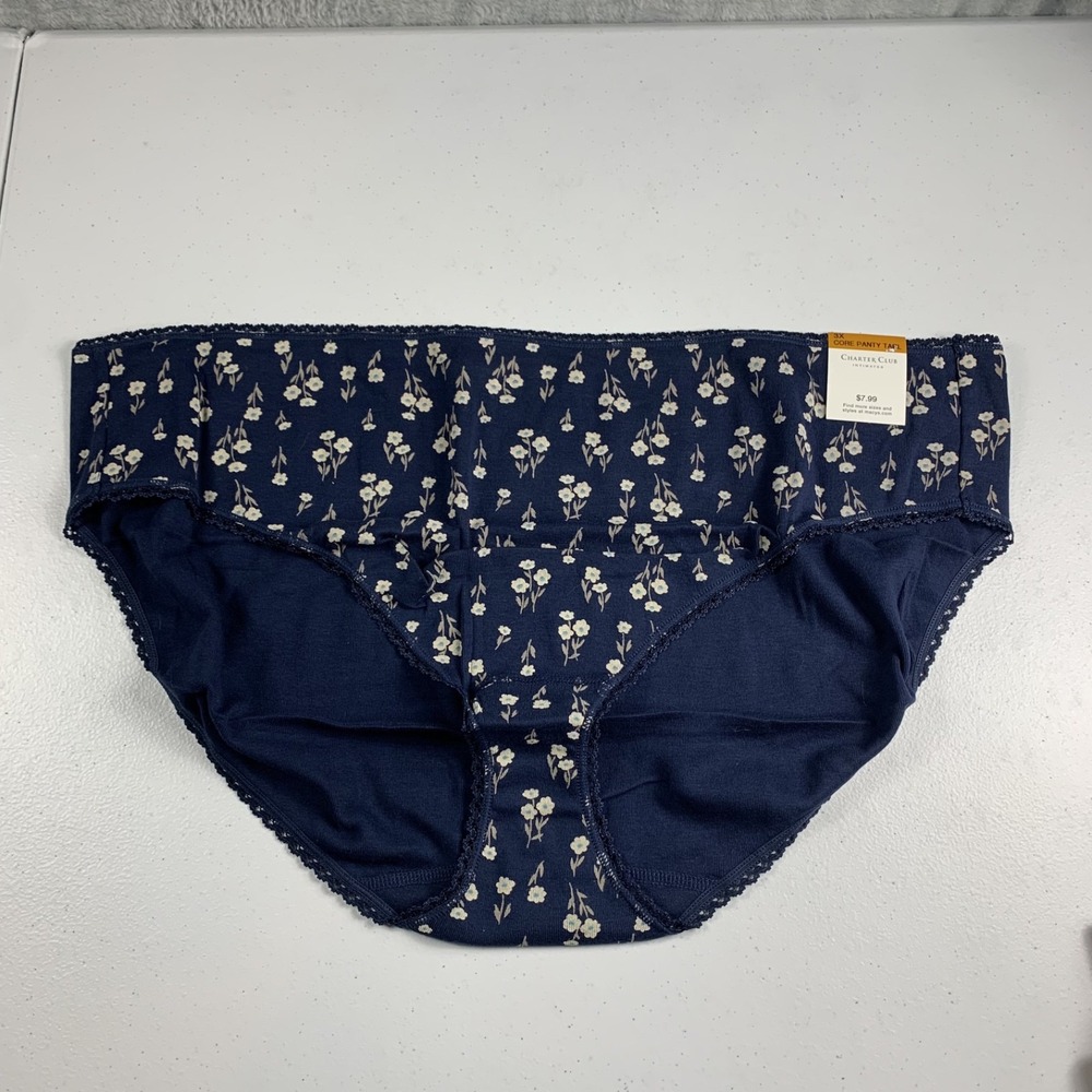 Charter Club Women's Core Panty 3X Navy Floral Lace Trim Cotton Underwear NWT